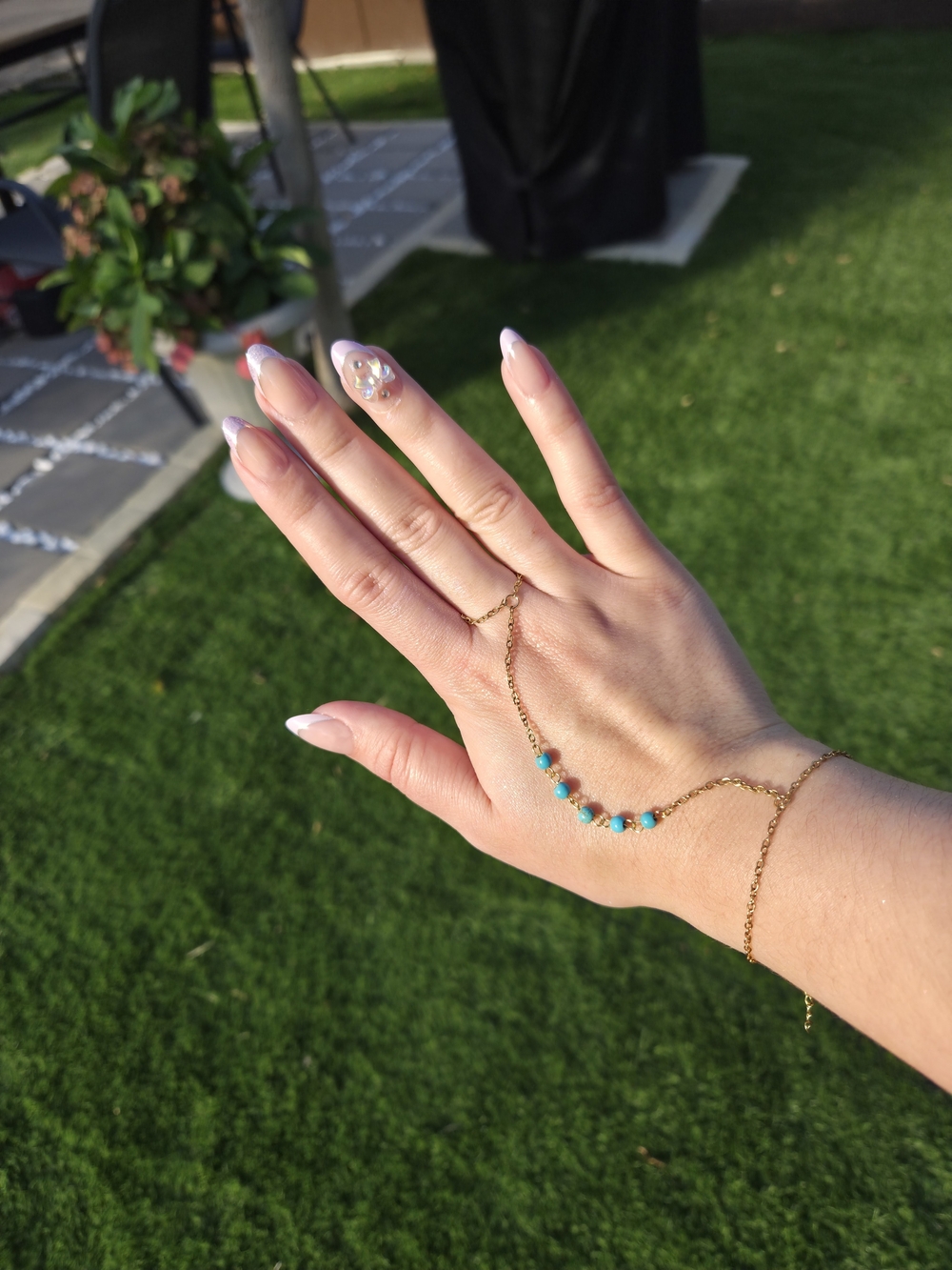 Golden Chain Ring Bracelet with Beads - Bohemian and Elegant Style